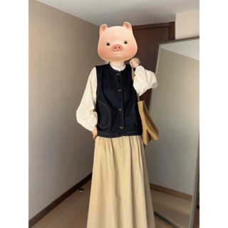 Bộ đồ hai mảnh Áo vest denim dáng rộng thông thường dành cho nữ sinh viên áo sơ mi trắng dài tay rỗng