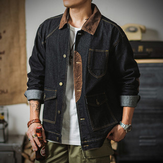 áo nam đẹp，Mùa Thu Phong Cách Mới, American Retro, Tough Safari Áo Khoác Nam, Khâu Corduroy Giặt Denim, Áo Khoác Baggy Nam，Xanh Denim，thời trang nam，thời trang nam，áo cardigan nam，