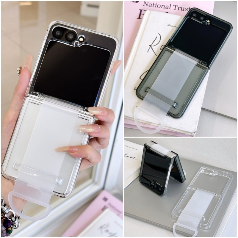 Slim Clear Black Hard PC Flip Case Samsung Galaxy Z Flip 6 Z Flip 5 Vỏ có dây đeo cổ tay mờ trong su