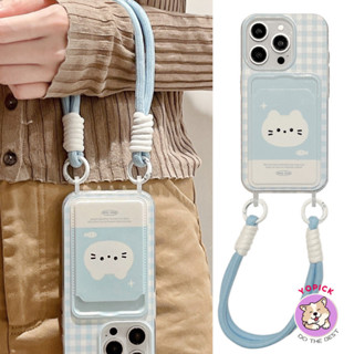 Dây đeo cổ tay mèo kẻ sọc màu xanh cho vỏ điện thoại cho IPhone 11 12 13Pro Max 14Plus 15 16 Pro XR XS Max 7 8 Plus SE2020 Vỏ điện thoại hoạt hình cho IPhone 16Pro Max Vỏ mềm Cô gái có dây GKB
