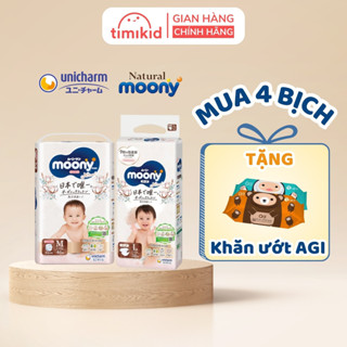 Combo 4 Bịch Bỉm Quần/Dán Moony Natural Unicharm Nhật Bản Tặng 1 Khăn ướt Agi - Đủ Size Mềm Thoáng Khí - Timikid