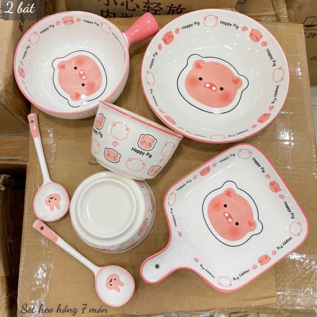 Bát Đĩa Gốm Sứ Decor, Bát Ăn Cơm, Bát Ăn Chè, Chén Dĩa Dễ Thương Bộ Bát Đĩa Heo Hồng, Chén Dĩa Dễ Th
