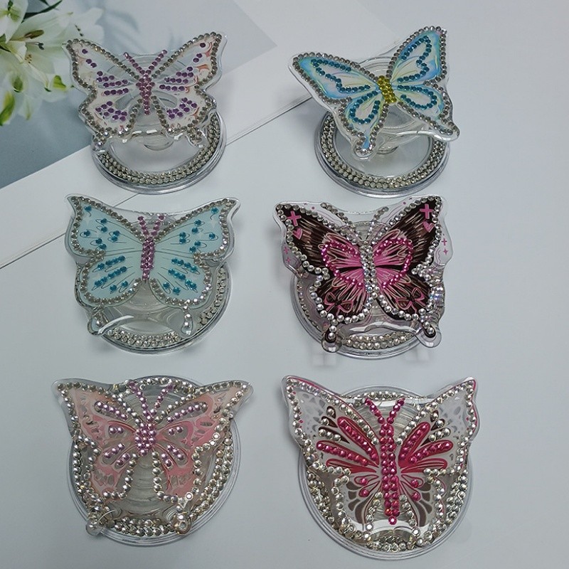 Sang Trọng Mạ Bướm Từ Socket Cho iPhone 16 15 14 13 12 11 Pro Max Bướm Kim Cương Nhẫn Giá Đỡ