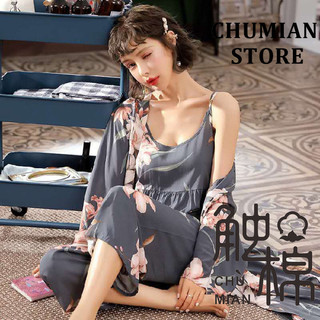 Bộ đồ ngủ dài tay cổ thẳng in hình mỏng ba mảnh dành cho nữ