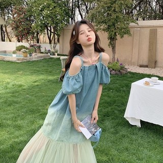 Váy Hai Dây Liền Khâu Lưới Denim Nhuộm Màu Xanh  Thiết Kế Sang Trọng Mẫu Mới Mùa Hè Dáng Dài Cho Nữ