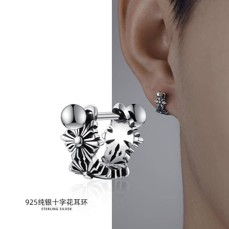 Sterling Silver Stud Earrings for Men Vintage Cross High-Grade Boys Ear Bone Stud Single Elegant Men