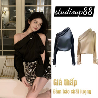 Áo Sơ Mi Satin Màu Hồng Mùa Xuân Áo Trễ Vai Màu Trơn Phong Cách Pháp Dài Tay