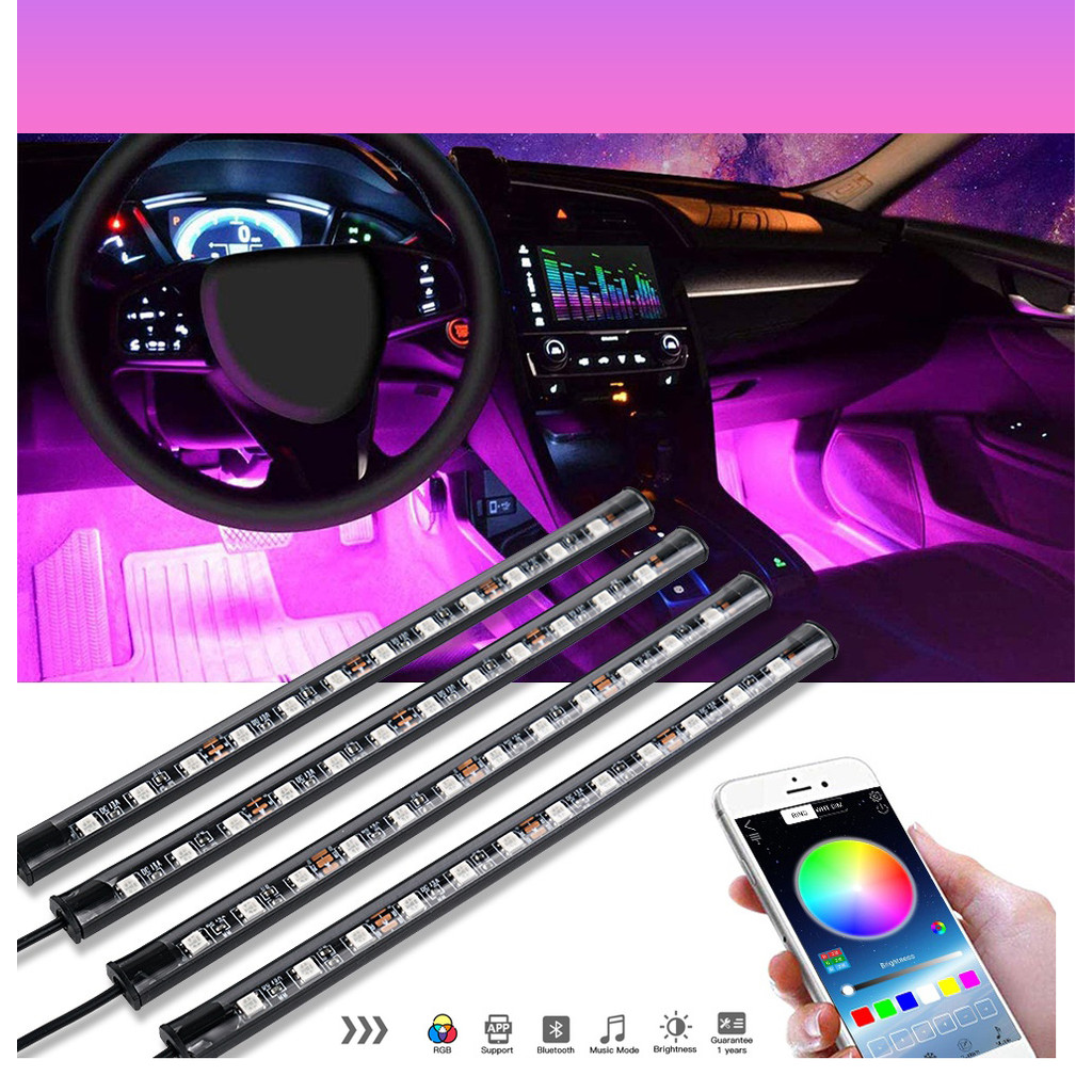 Bộ 4 dải Đèn LED 48 Bóng RGB Cổng tẩu sạc gắn gầm xe có App điện thoại Trang Trí Nội Thất Xe Hơi