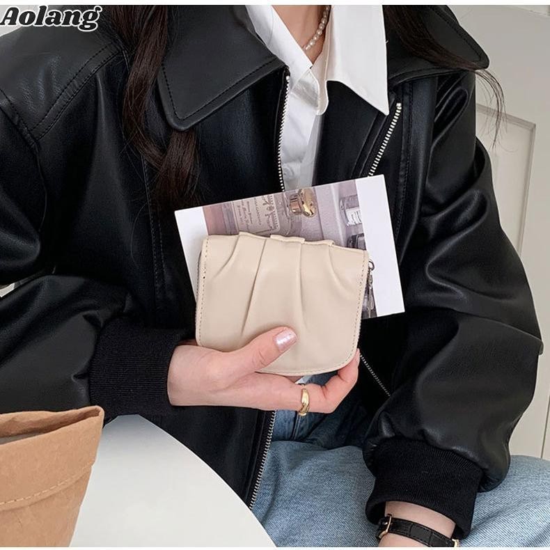 Ví Aolang nhăn INS mới đơn giản dễ thương nhỏ gọn màu trơn ví đựng tiền xu đa năng