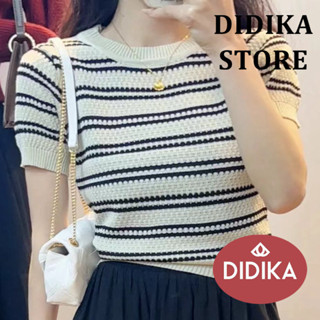 DIDIKA Áo len dệt kim sọc mỏng mỏng cổ tròn tay ngắn dành cho nữ