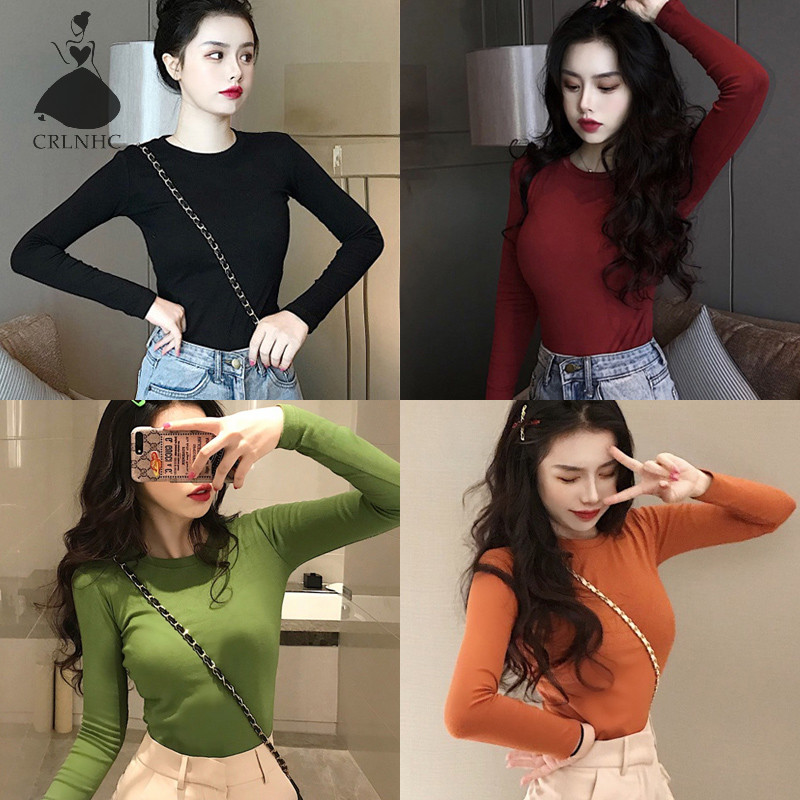 Áo thun CRLNHC tay dài cổ tròn màu trơn thời trang mùa thu cho nữ dày dặn mềm mịn chất thun | BigBuy360 - bigbuy360.vn