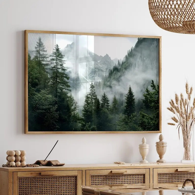 Poster Canvas Lớn Với Rừng Núi Sương Mù, Rừng Xanh, In Hình Nghệ Thuật Cho Phòng Khách Hiện Đại Tran