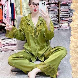  Bộ pijama lụa xước phối ren đồ ngủ nữ tay dài quần dài có nút bọc sang trọng đủ size 40-80kg 