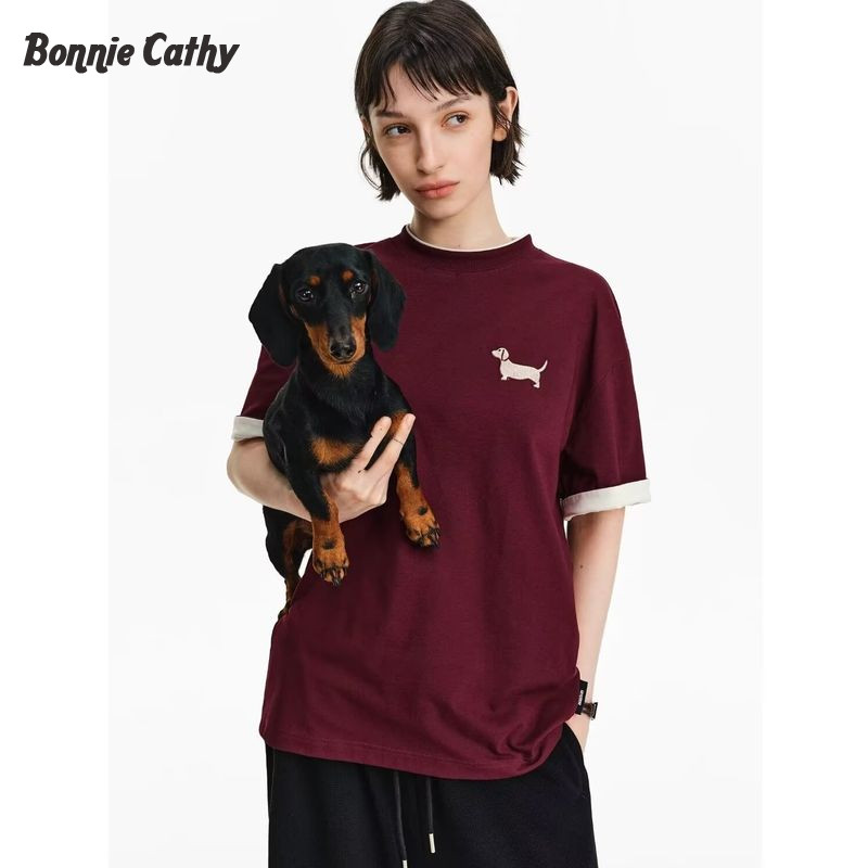 Bonnie Cathy Áo thun Unisex Cleanfit thêu chó, mặc thường ngày mùa hè