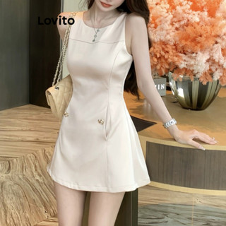 Lovito Đầm thanh lịch Nút trơn Váy bỏ túi giả cho nữ LNE70036