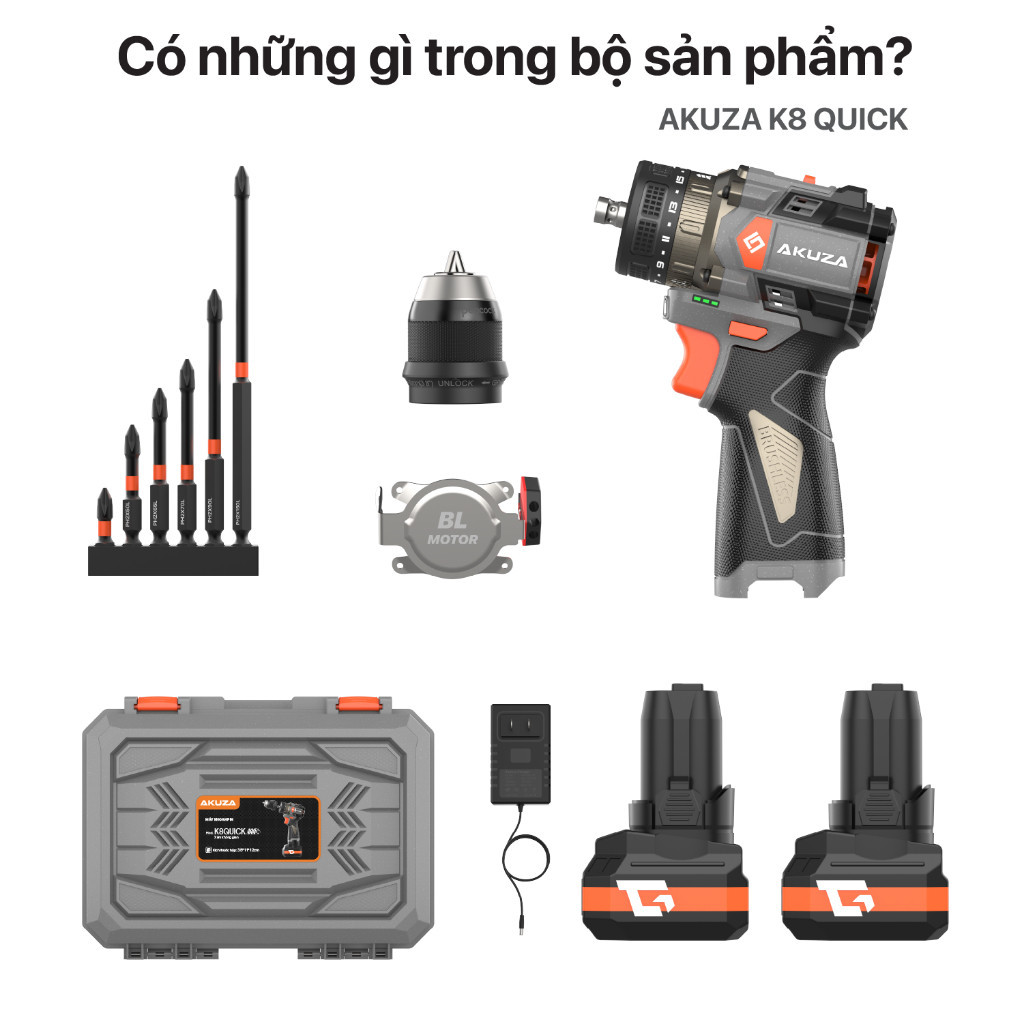 Khoan Pin AKUZA K8 QUICK Có Búa- Khoan pin 16,8V Không Chổi Than Đầu Kẹp 10mm,Tặng bộ mũi vít