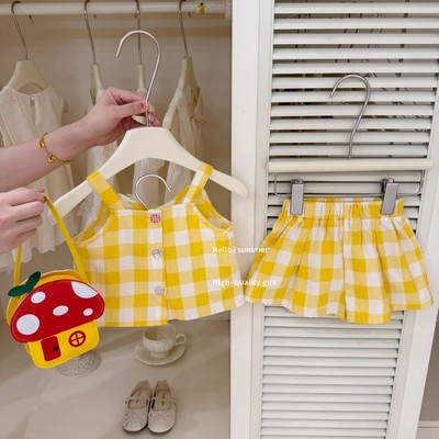 Set Áo 2 Dây Croptop Chân Quần Caro Vàng Kèm Túi Cho Bé Gái 1-8 Tuổi MINTSCLOSET Quảng Châu - GS1433
