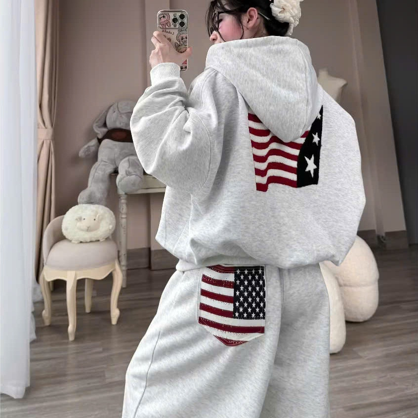 Set Bộ Khoác Nỉ Cờ Mỹ Zang Zang Áo Hoodie Quần Ống Suông Phong Cách Năng Động Thể Thao NA981