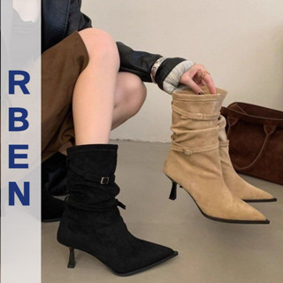 RENBEN Thu Đông Mới Pháp Retro Mũi Nhọn Ngón Chân Giày Bốt Mắt Cá Chân Nữ Da Lộn Xếp Ly Cọc Phong Cách Giày Bốt