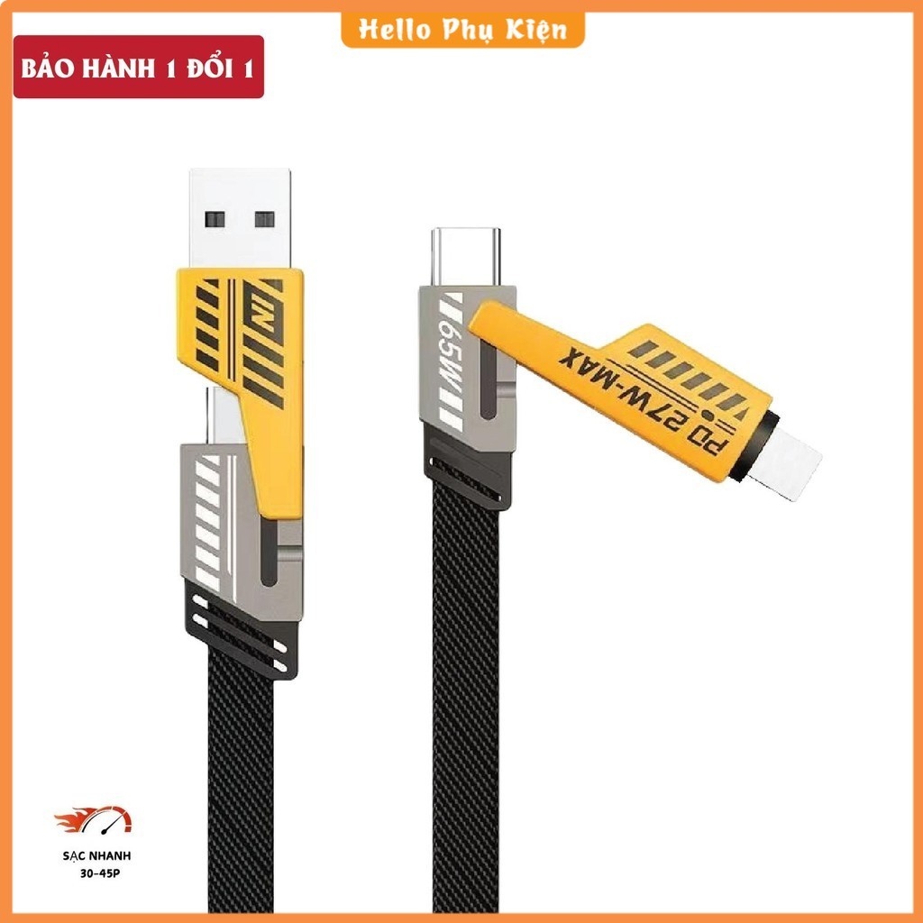 Cáp sạc 4 in 1, Dây sạc nhanh 4 đầu 65W. Dây dù, đầu cáp kim loại, chống gẫy. Dây sạc điện thoại, Dâ