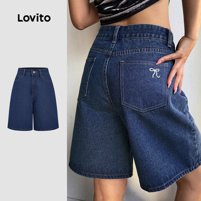 (Phong cách thường ngày) Lovito Quần short denim phối khóa kéo mùa xuân/hè màu xanh đậm dành cho nữ L149LD399