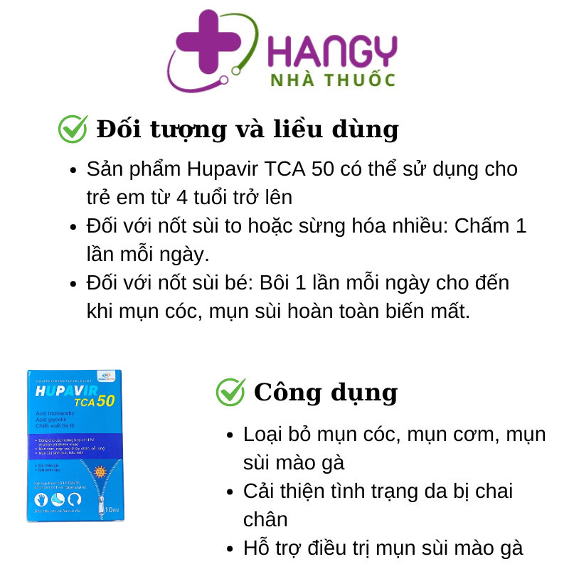 Dung dịch chấm lên da giúp giảm mụn cóc, sùi mào gà, gai sinh dục HUPAVIR TCA 50% (Lọ 10ml)