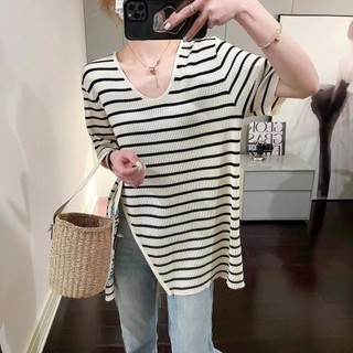 Tay Ngắn Nữ Giữa Chiều Dài Mùa Hè Băng Lụa Mỏng Cổ Chữ V Lười Phong Cách Che Thịt Rời Ôm Hơn Nhìn K