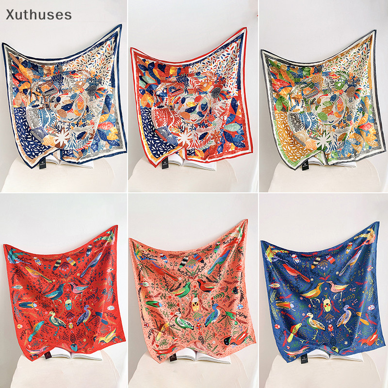 Xut 90 * 90CM Thời Trang Twill Lớn Khăn Vuông Cảm Giác Lụa Mờ Cây In Hình Khăn Cho Nữ Đầu Khăn Choàng Và Quấn Phụ Kiện N