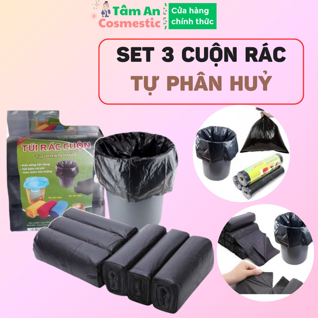 Set 3 Cuộn Túi Đựng Rác Tự Phân Hủy Size To 55X65 Cm Bảo Vệ Môi Trường, Tiện Dụng, Màu Đen Hàng Dày Dặn