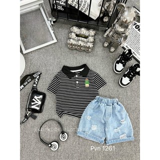 Set bộ polo kẻ quần bò họa tiết thiết kế quần ngố jean rách phối áo polo in hình cute ngộ nghĩnh Pvn 1261