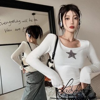 Ldd-áo Crop top thời trang mùa thu dành cho nữ Áo thun thêu chữ O dài tay cổ tròn màu trắng