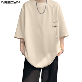 Incerun Nam Hàn Quốc Jacquard Sọc Dọc Tấm Nút Áo Thun Cổ Tròn