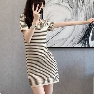 Mùa hè mới của phụ nữ cao Eo Đan ngắn hip-hugger ăn mặc nhỏ sọc Polo cổ áo ngắn tay áo xyi3
