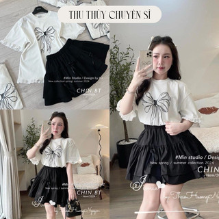 Set áo nơ tay phối ren mix chân váy đính nơ đen