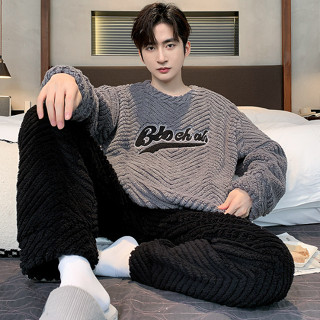 2023 mới bộ đồ ngủ nam mùa đông lót lông cừu dày flannel cổ tròn áo chui đầu ấm áp lông cừu san hô mặc nhà