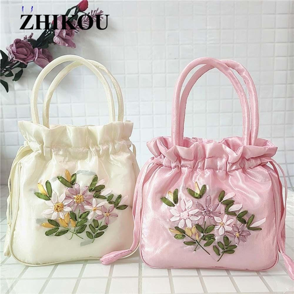 Túi dây rút vải lụa satin thêu họa tiết hoa lá phong cách dân tộc thời trang thanh lịch dành cho mẹ và bé gái