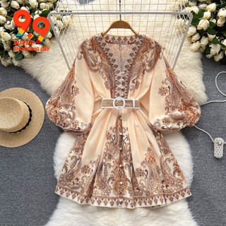 Đầm Cổ V Cột Dây Dáng Ôm In Họa Tiết Phong Cách Cổ Điển Thời Trang Cao Cấp