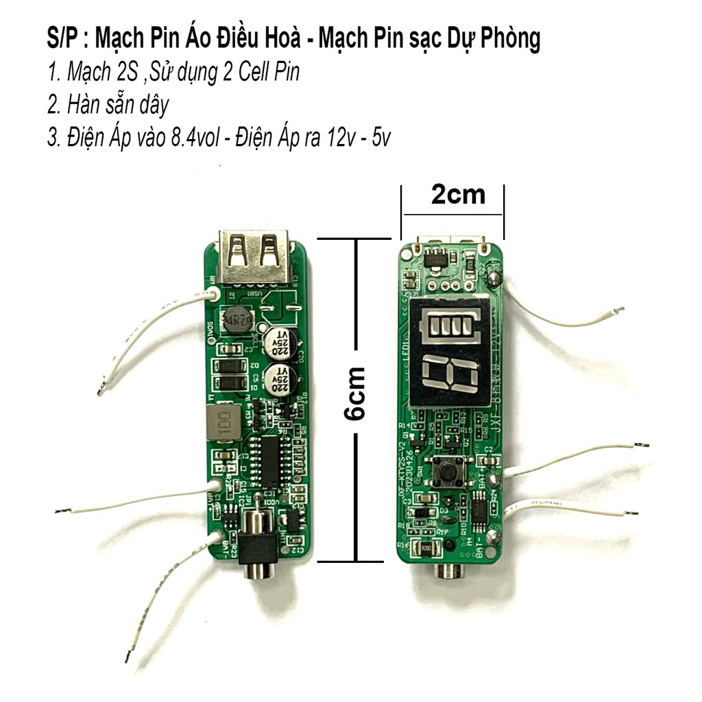 Mạch pin áo điều hoà ,mạch sạc dự phòng điện áp sạc 8.4V, điện áp ra 12V-5V japan