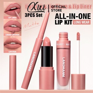 Langmanni 3 Son Môi Lip Glaze Lip Liner Set Nhung Matte Chống Thấm Nước Chống Dính Cốc Dưỡng Ẩm Lâu Dài Môi Đường Viền Tint Trang Điểm Gợi Cảm Son Bóng Bộ Mỹ Phẩm Dành Cho Nữ ﻿