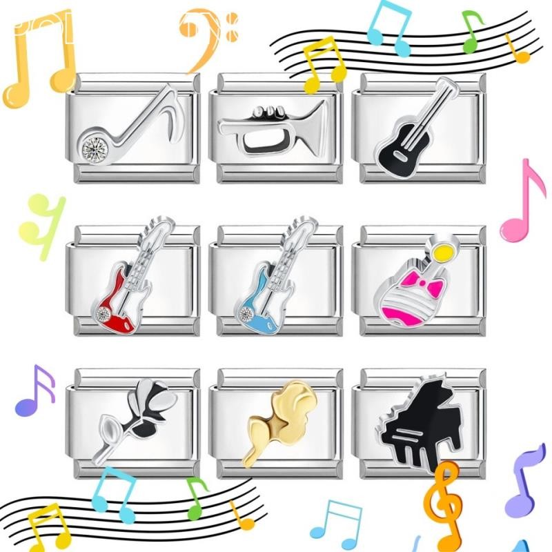 Dòng Nhạc Họa Tiết Đàn Guitar Quyến Rũ Ý Mô Đun Vòng Tay Quyến Rũ Liên Kết Phù Hợp Với 9 Mm Vòng Tay Thép Không Gỉ Trang Sức DIY Làm