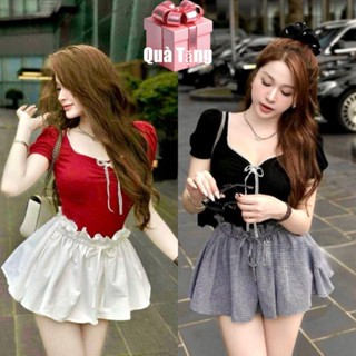 [SB79] Sét bộ nữ 2 món áo tay ngắn phồng và quần váy rút dây chất vải áo thun gân váy kate có quần trong ôm body cá tính