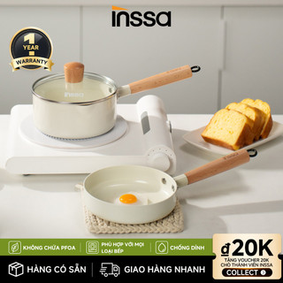  Inssa Bộ Nồi Chảo Chống Dính Gốm Sứ Chảo Chiên 16cm Nồi Sữa 16cm Nắp Kính Không PTFE GUOJ042 