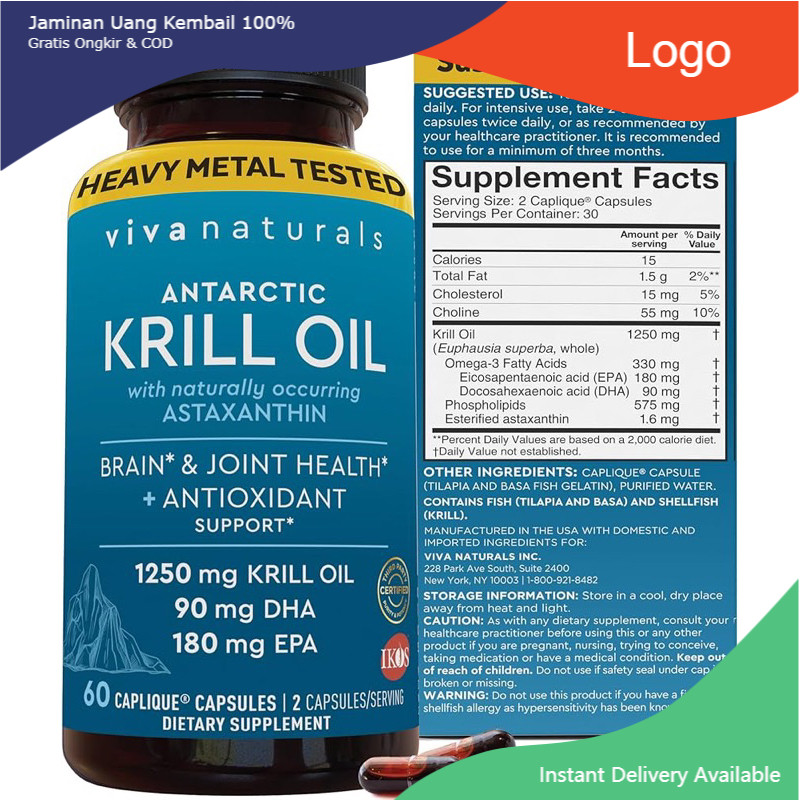 Dầu nhuyễn thể Omega 3 Krill oil Viva Naturals Antarctic Krill Oil 1250 mg - DHA EPA Omega-3 & Astax