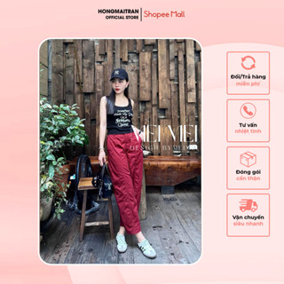  Set áo croptop đen mix quần baggy đỏ phong cách trẻ trung năng động thể thao HONG MAI TRAN ST14618 