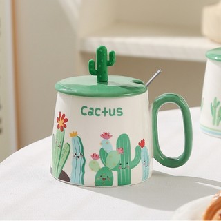 Cốc sứ có nắp hình cây xương rồng, cốc sứ cute có nắp đậy và thìa, ly sứ dễ thương uống nước dung tích 350ml