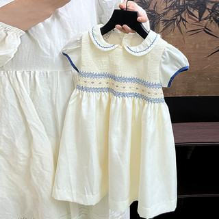  Hàng có sẵn Mùa hè Phong cách mới của Pháp Màu trơn Tính khí Đầm phiên bản Hàn Quốc cho bé gái Cổ búp bê Cotton nguyên chất Váy dễ thương Váy bé gái Váy bé gái mùa hè Váy công chúa bé gái