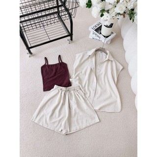 Set sơ mi linen + áo 2 dây nâu + short lưng thun