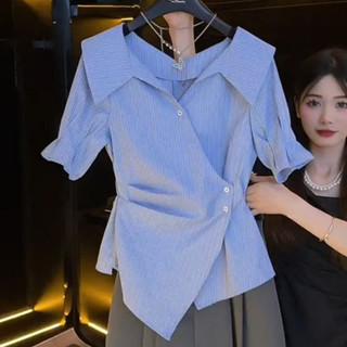 Áo Sơ Mi Sọc Nữ Tay Ngắn Mỏng Hàn Quốc Áo Thiết Kế Mới Không Đều Áo Nữ