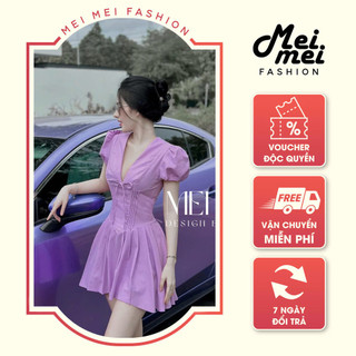 Váy nữ cổ V thắt nơ dáng xòe chiết eo tay bồng màu tím cực xinh phong cách tiểu thư Mei Fashion V14976