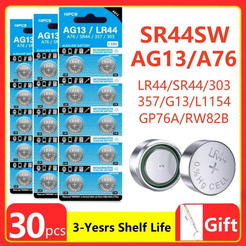 30PCS AG13 LR44 A76 Button Cell Coin Alkaline Battery 1.55V SR44SW L1154 SP76 pila 357 303 for Watch